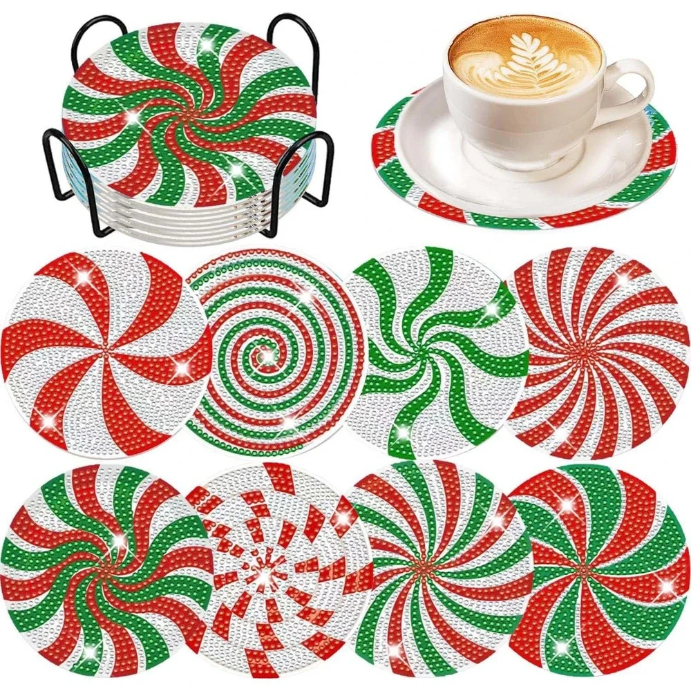 Set of‎ 8 Diamond Painted Christmas Candy Coasters